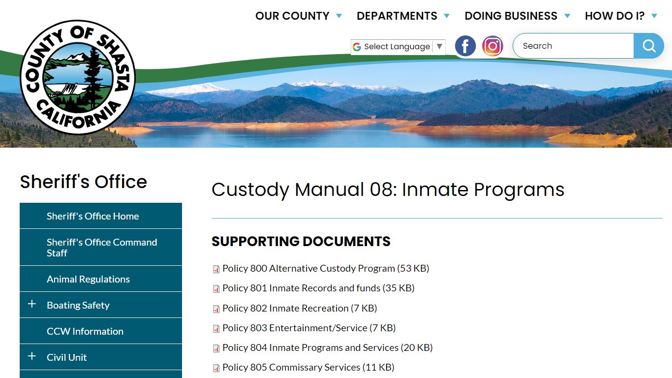 Custody Manual 08: Inmate Programs | Shasta County California